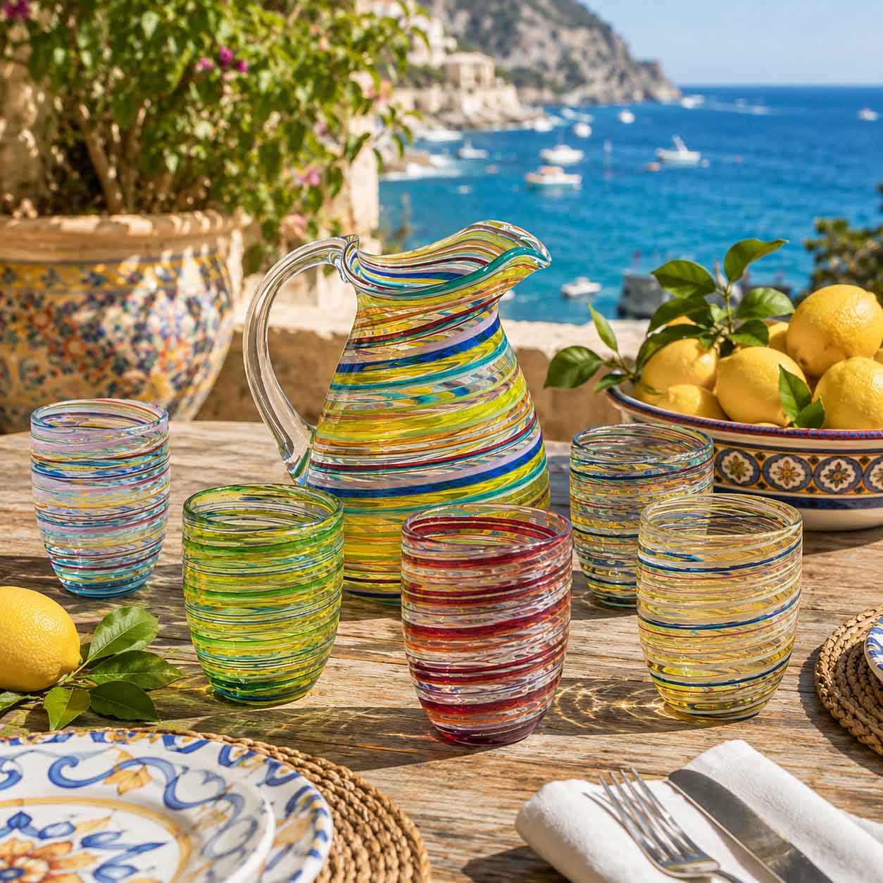 Estro Collection – Hand-Blown Murano Glass Tumblers & Pitcher