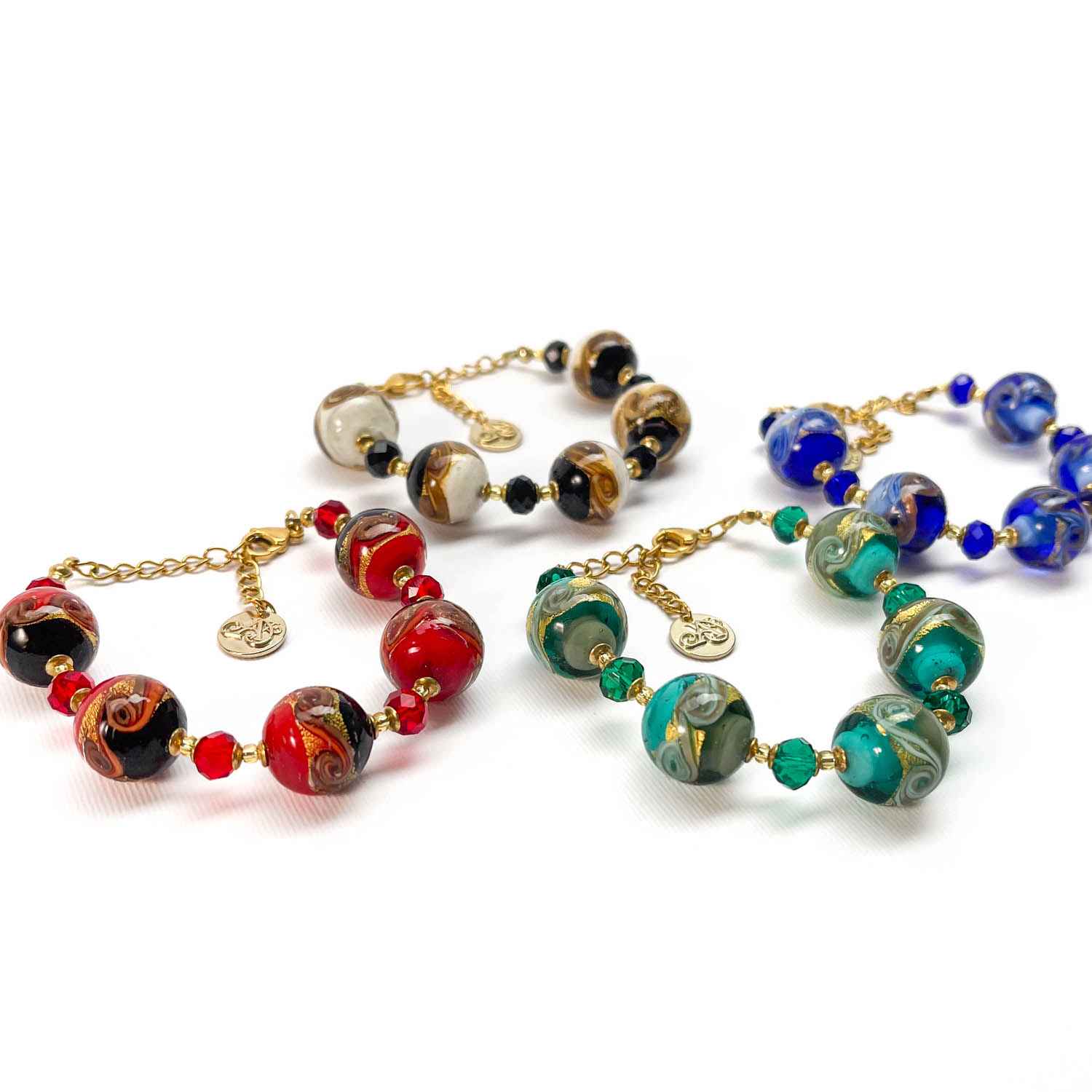 Murano Glass Bracelet Round Beads and Gold Leaf Made in Italy
