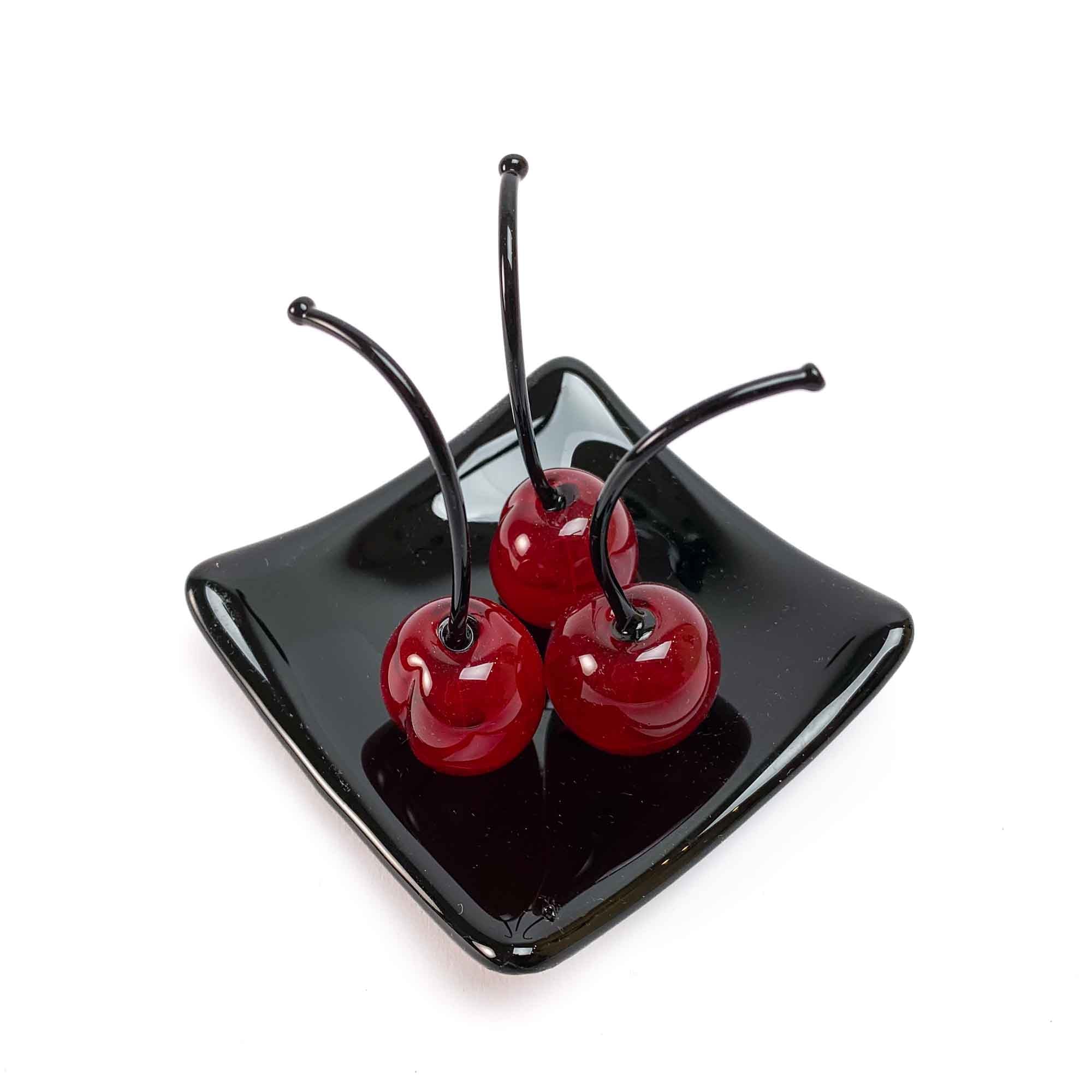 Set 3 Small Cherries with Black Square Plate "Love and Elegance" - Murano Glass