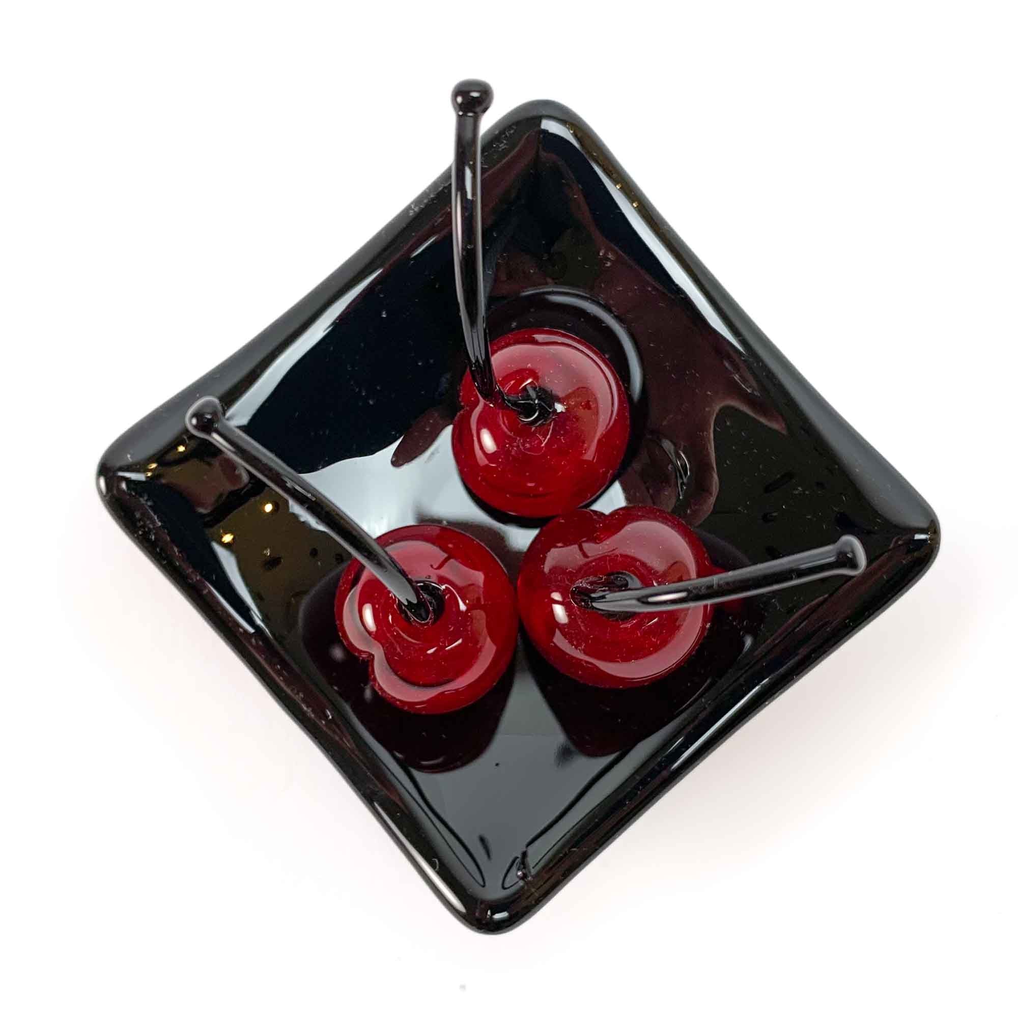 Set 3 Small Cherries with Black Square Plate "Love and Elegance" - Murano Glass