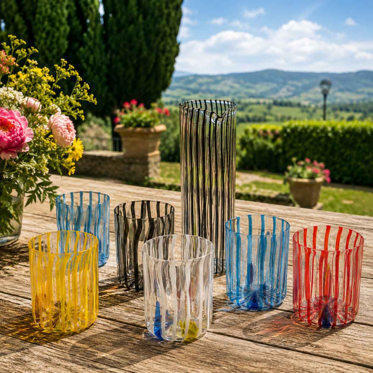 Toky Collection – Hand-Blown Murano Glass Tumblers & Pitcher