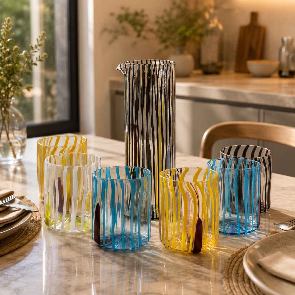 Toky Collection – Hand-Blown Murano Glass Tumblers & Pitcher