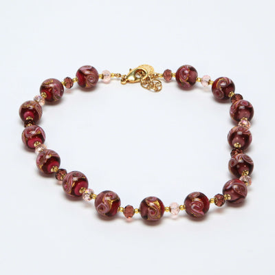 Necklace with Fuchsia Pearls and Gold Leaf - Murano glass