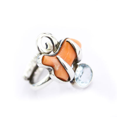 Aquamarine and Coral Ring - Sterling Silver