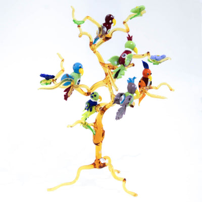 Sei pappagalli su un ramo in vetro di Murano