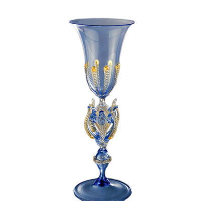 Blue tipetto goblet with gold details - blown glass made in Murano